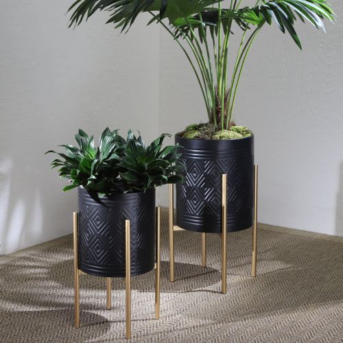 S/2 AZTEC PLANTER ON METAL STAND, BLACK/GOLD S/2 AZTEC PLANTER ON METAL STAND, BLACK/GOLD